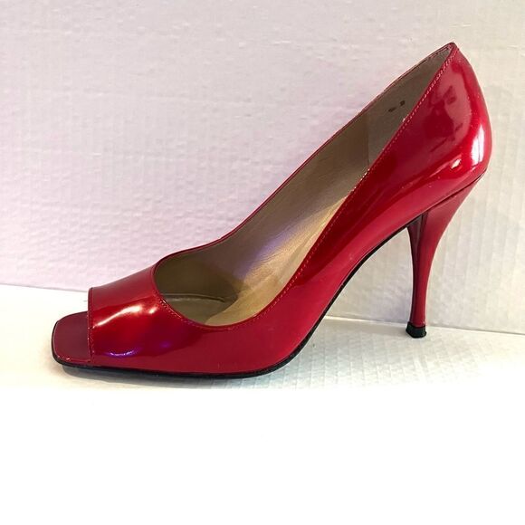 Stuart Weitzman Cherry Red Patent Peep toe Heels 8M - Picture 6 of 14